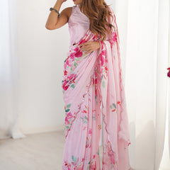 Baby Pink Chinon Silk Print Work With Mirror Work Border Designer Saree