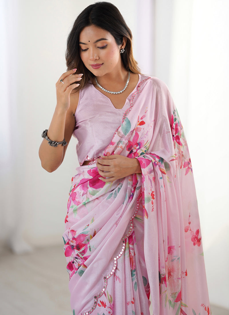 Baby Pink Chinon Silk Print Work With Mirror Work Border Designer Saree