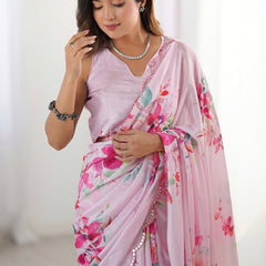 Baby Pink Chinon Silk Print Work With Mirror Work Border Designer Saree