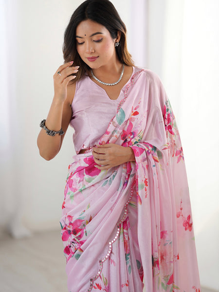 Baby Pink Chinon Silk Print Work With Mirror Work Border Designer Saree