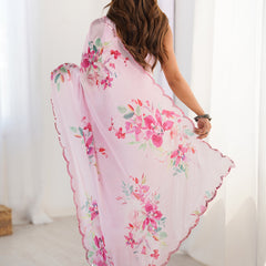 Baby Pink Chinon Silk Print Work With Mirror Work Border Designer Saree
