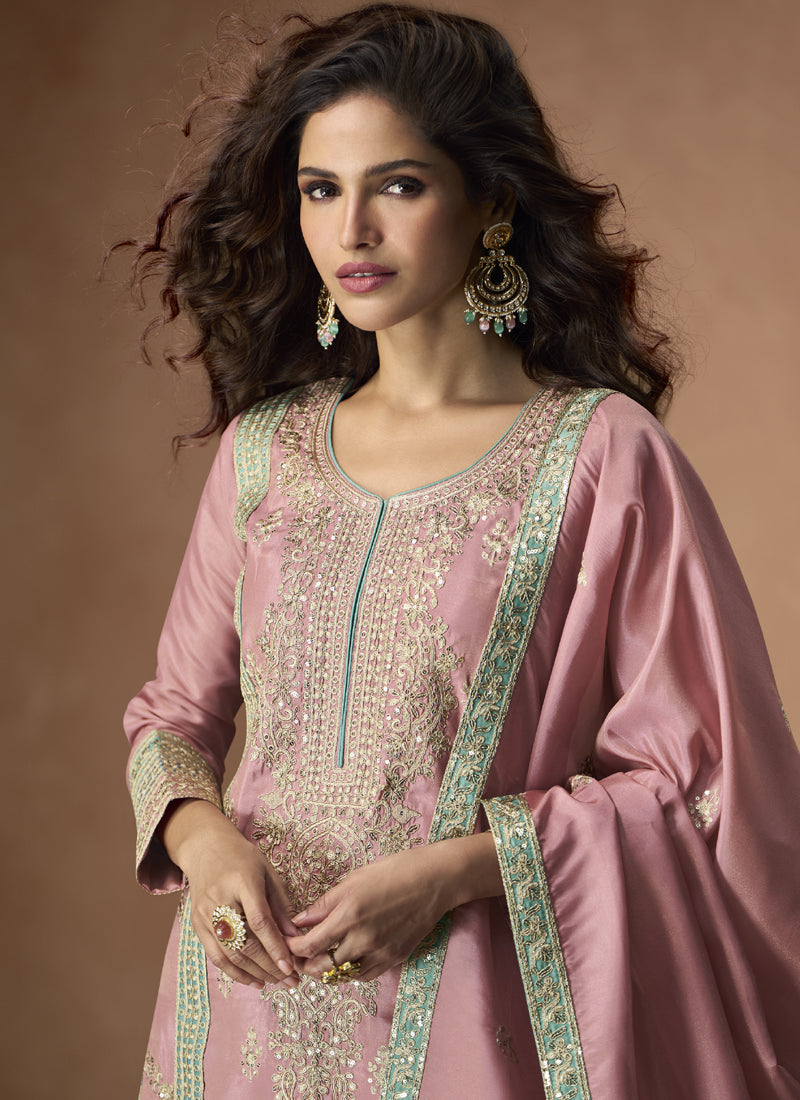 Onion Pink Organza Shimmer Silk Embroidered Palazzo Suit