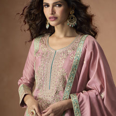 Onion Pink Organza Shimmer Silk Embroidered Palazzo Suit