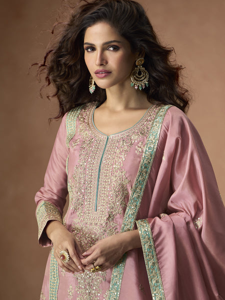 Onion Pink Organza Shimmer Silk Embroidered Palazzo Suit