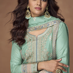 Sea Green Organza  Shimmer Silk Embroidered Palazzo Suit
