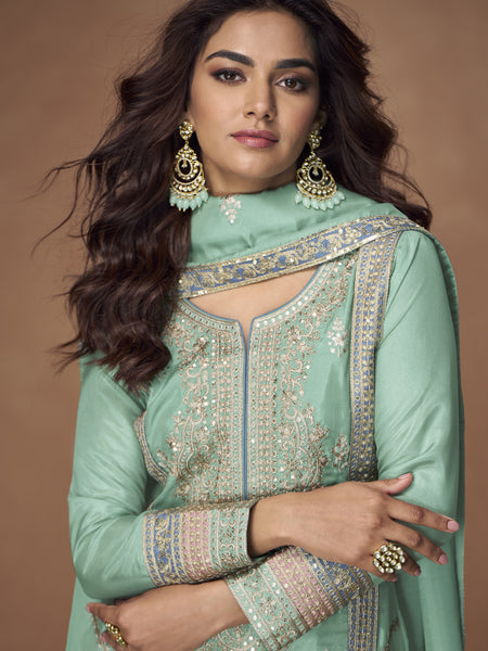 Sea Green Organza  Shimmer Silk Embroidered Palazzo Suit