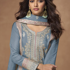 Grey Organza  Shimmer Silk Embroidered Palazzo Suit