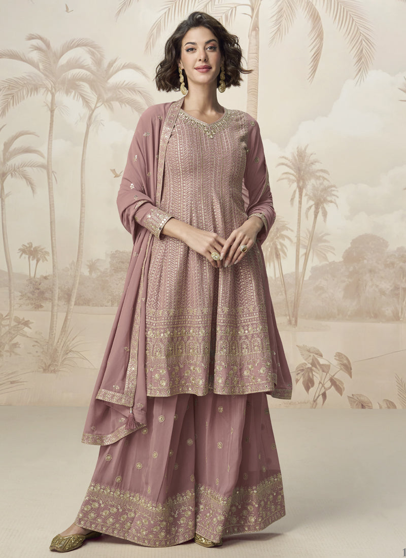 Peach Georgette Embroidered Designer Palazzo Suit