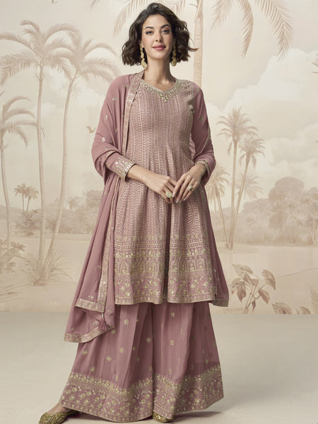Peach Georgette Embroidered Designer Palazzo Suit