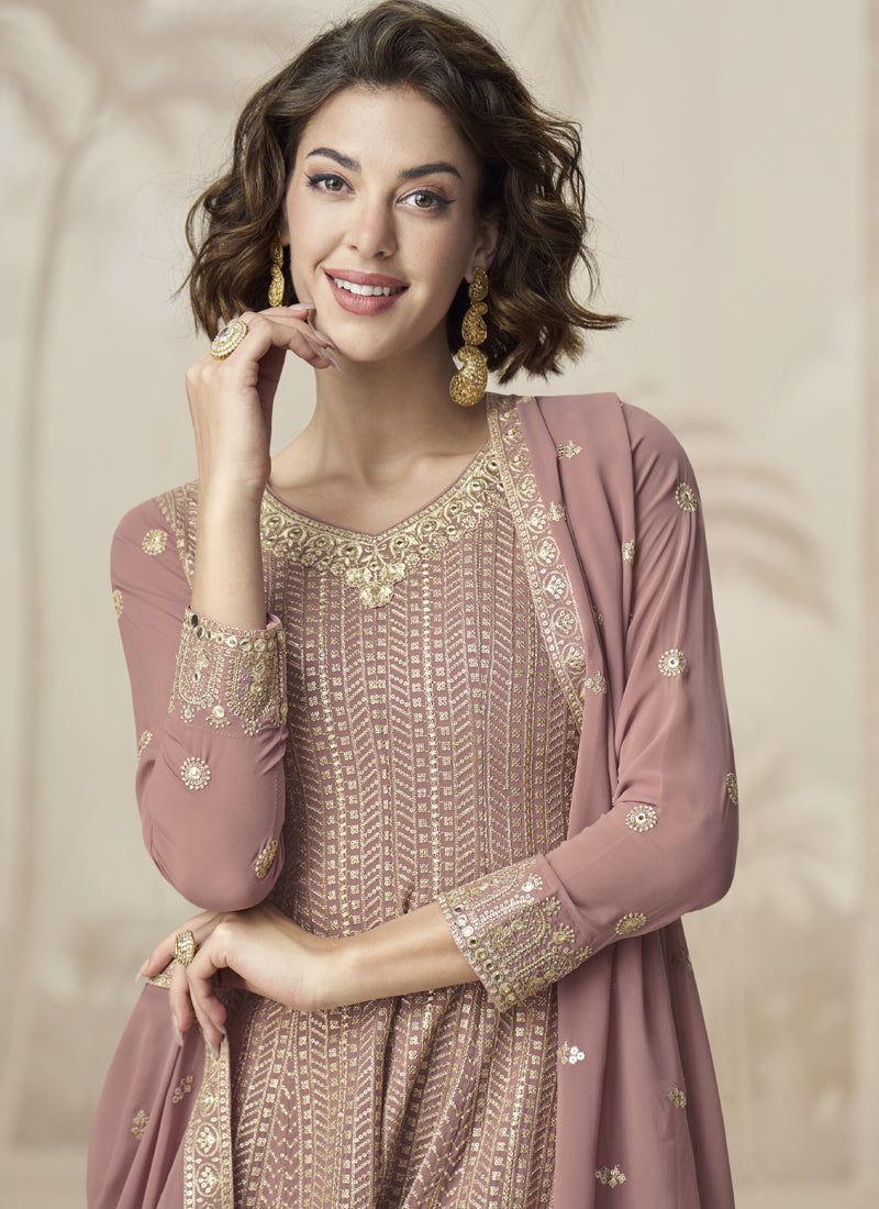 Peach Georgette Embroidered Designer Palazzo Suit