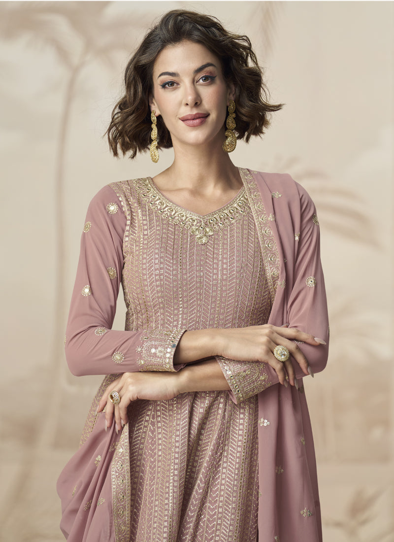 Peach Georgette Embroidered Designer Palazzo Suit