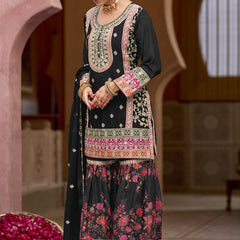 Black Chinon Silk Embroidered Sharara Suit