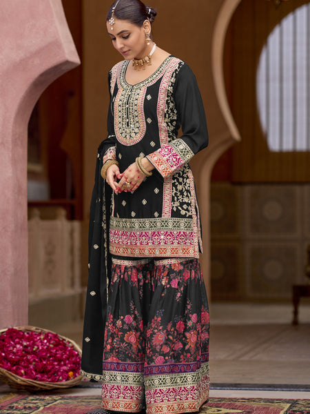 Black Chinon Silk Embroidered Sharara Suit