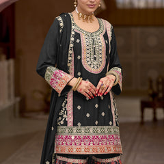 Black Chinon Silk Embroidered Sharara Suit