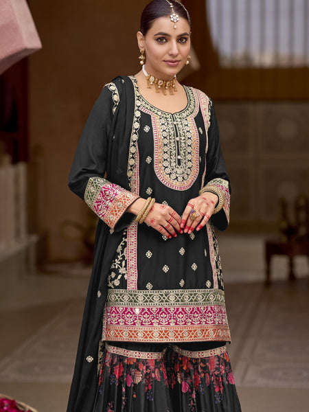 Black Chinon Silk Embroidered Sharara Suit