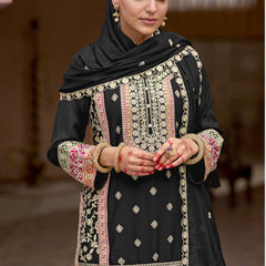 Black Chinon Silk Embroidered Sharara Suit