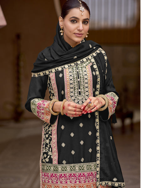 Black Chinon Silk Embroidered Sharara Suit