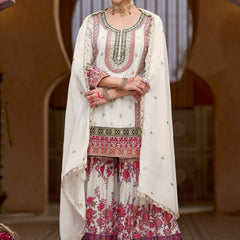 White Chinon Silk Embroidered Sharara Suit