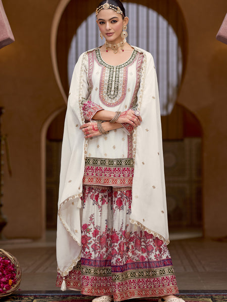 White Chinon Silk Embroidered Sharara Suit