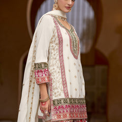 White Chinon Silk Embroidered Sharara Suit