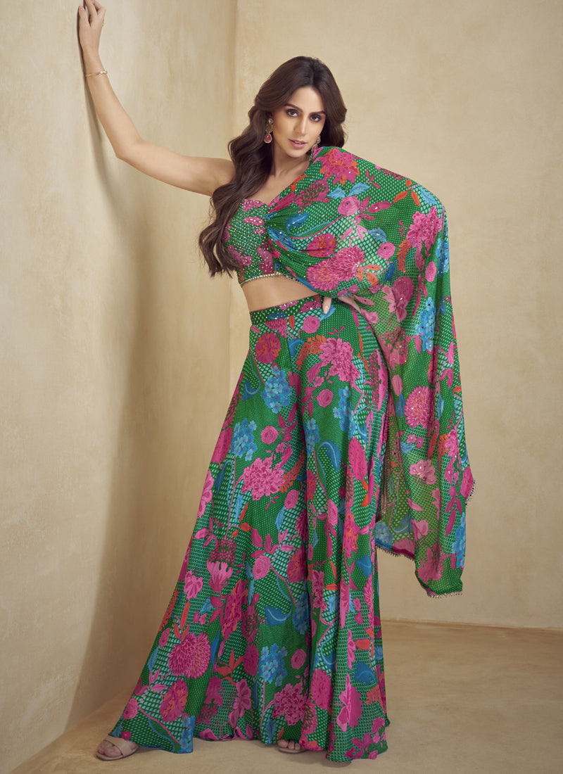Green Chinon Silk Digital Print Western Style Palazzo Suit