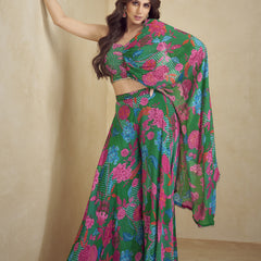 Green Chinon Silk Digital Print Western Style Palazzo Suit