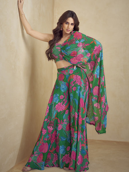 Green Chinon Silk Digital Print Western Style Palazzo Suit