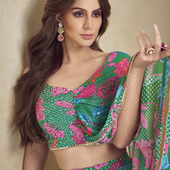 Green Chinon Silk Digital Print Western Style Palazzo Suit