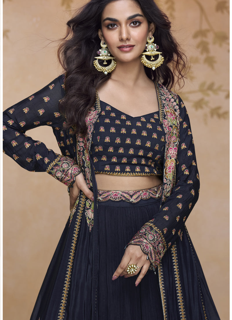 Navy Blue Shimmer Silk Embroidered Wedding Wear Lehenga Style Suit