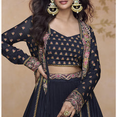 Navy Blue Shimmer Silk Embroidered Wedding Wear Lehenga Style Suit