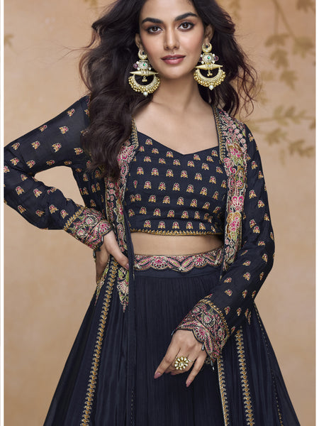 Navy Blue Shimmer Silk Embroidered Wedding Wear Lehenga Style Suit