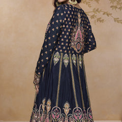 Navy Blue Shimmer Silk Embroidered Wedding Wear Lehenga Style Suit