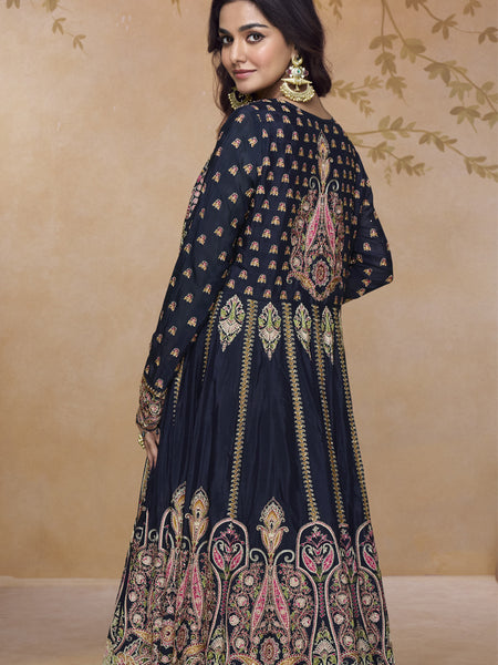 Navy Blue Shimmer Silk Embroidered Wedding Wear Lehenga Style Suit