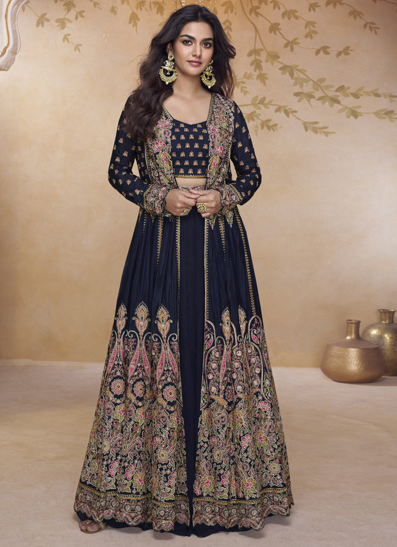 Navy Blue Shimmer Silk Embroidered Wedding Wear Lehenga Style Suit