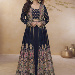 Navy Blue Shimmer Silk Embroidered Wedding Wear Lehenga Style Suit