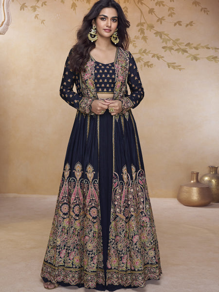 Navy Blue Shimmer Silk Embroidered Wedding Wear Lehenga Style Suit