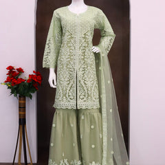 Lime Green Net Embroidered Sequence Designer Palazzo Suit