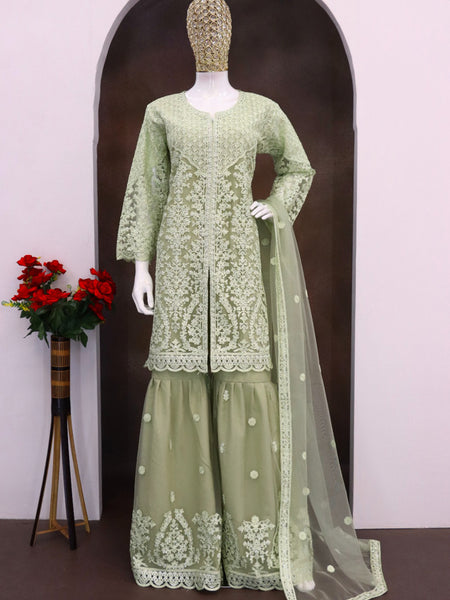 Lime Green Net Embroidered Sequence Designer Palazzo Suit