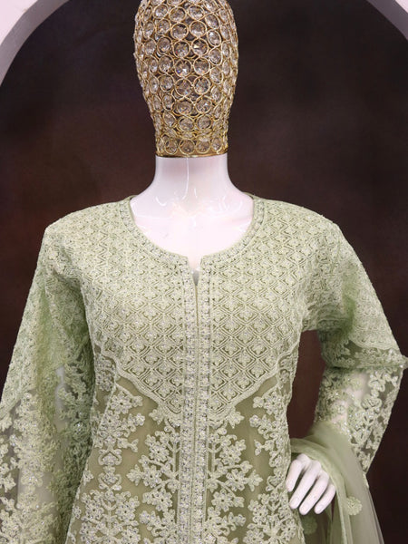 Lime Green Net Embroidered Sequence Designer Palazzo Suit