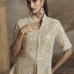 Cream Georgette Embroidered Palazzo Suit