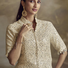 Cream Georgette Embroidered Palazzo Suit