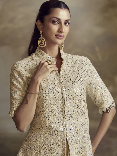 Cream Georgette Embroidered Palazzo Suit