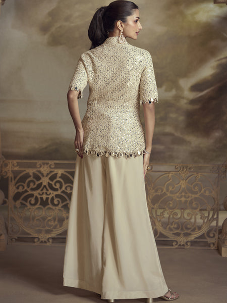 Cream Georgette Embroidered Palazzo Suit