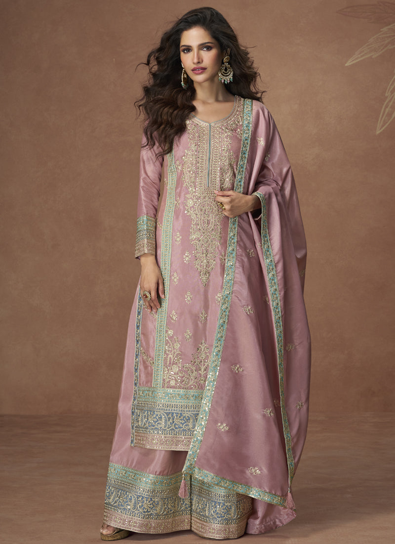 Onion Pink Organza Shimmer Silk Embroidered Palazzo Suit