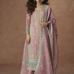 Onion Pink Organza Shimmer Silk Embroidered Palazzo Suit
