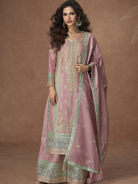 Onion Pink Organza Shimmer Silk Embroidered Palazzo Suit