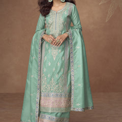 Sea Green Organza  Shimmer Silk Embroidered Palazzo Suit