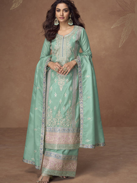 Sea Green Organza  Shimmer Silk Embroidered Palazzo Suit