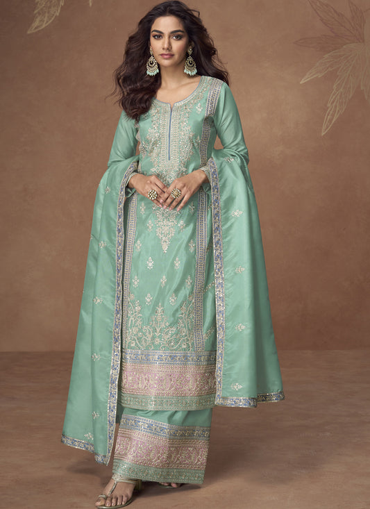 Sea Green Organza  Shimmer Silk Embroidered Palazzo Suit