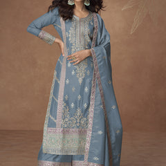 Grey Organza  Shimmer Silk Embroidered Palazzo Suit